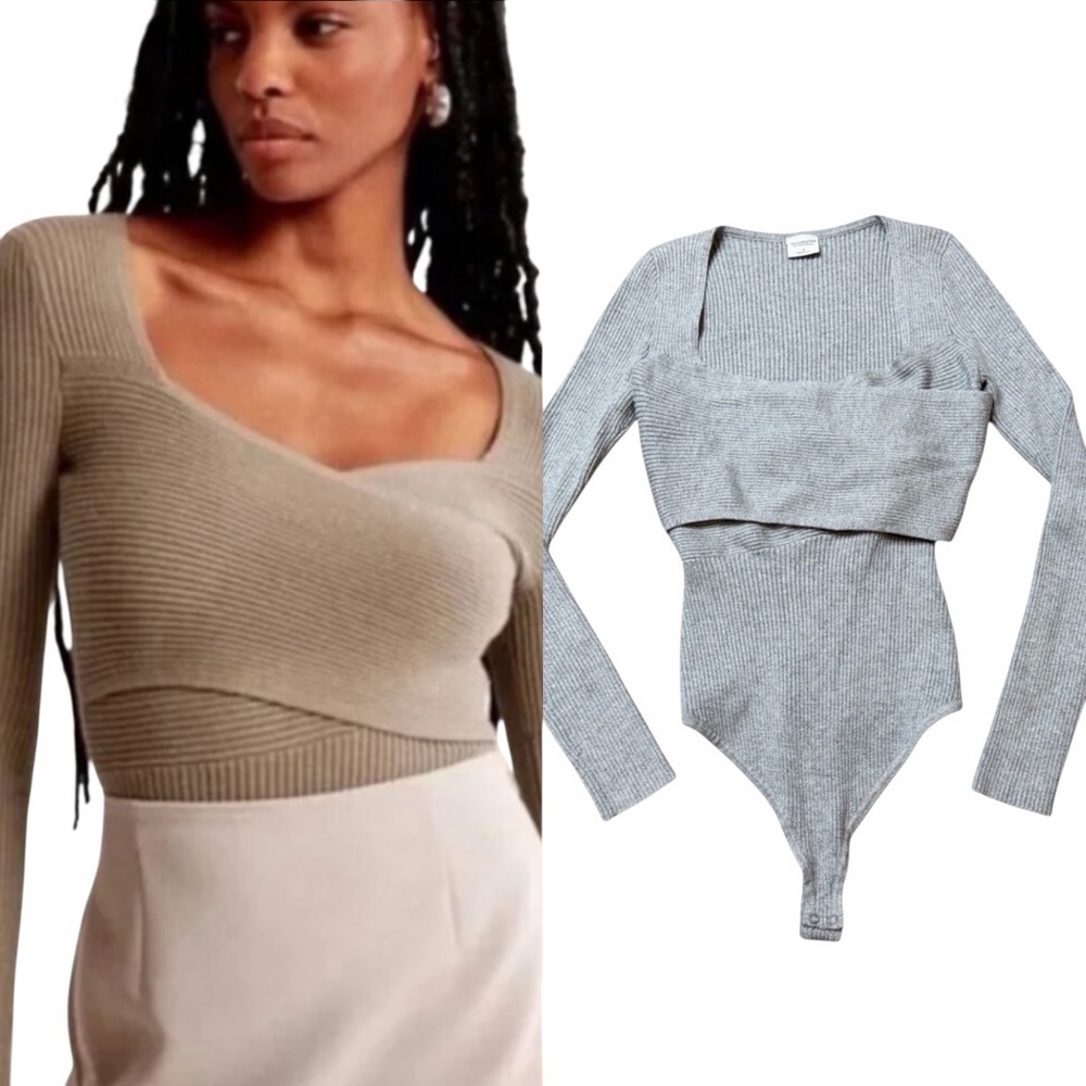 ABERCROMBIE & FITCH LuxeLoft Wrap Sweater Bodysuit Gray Heather Size
